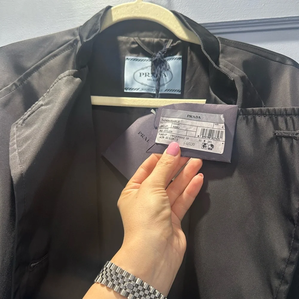 Prada Black Re Nylon long Trench Coat with triangle logo belt size 40 $4000 - Picture 8 of 13